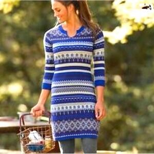 Athleta Fair Isle Sweater Dress S Paramount Blue Cotton Blend Stretch